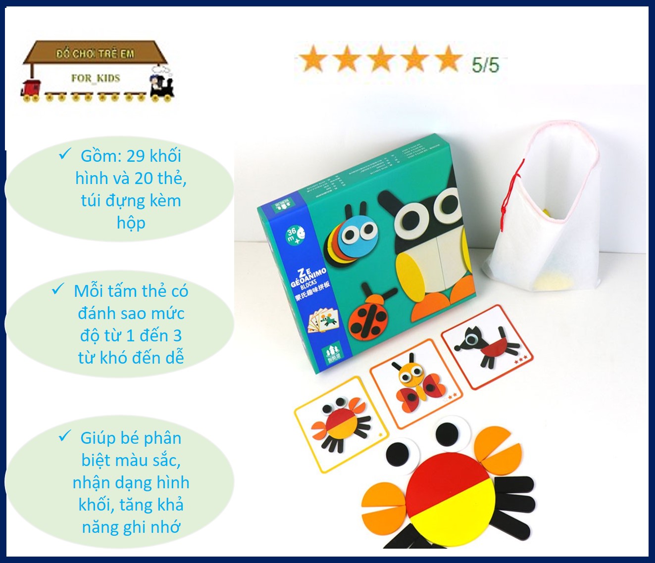 Bộ Tranh Ghép Hình Montessori Fun Board, Đồ chơi trẻ em xếp hình con vật, Ghép các miếng hình khối thành hình con vật