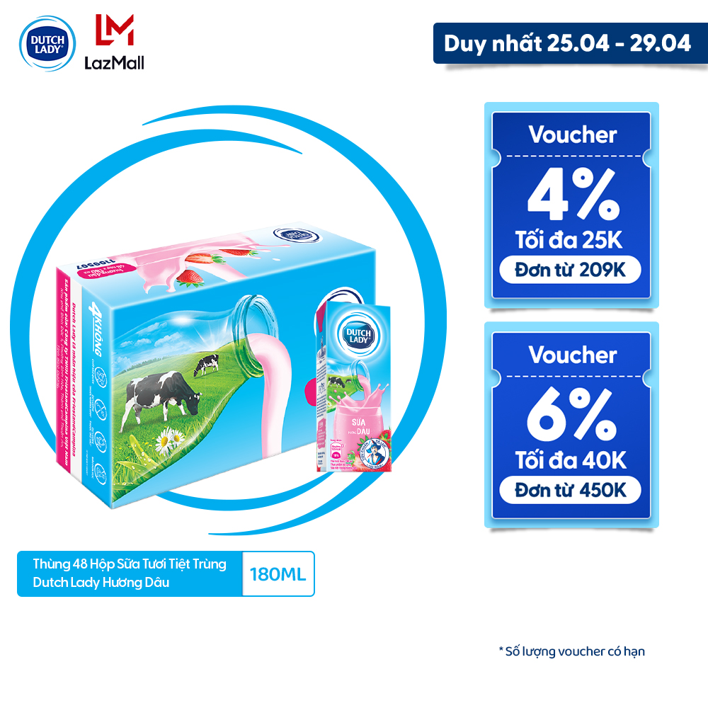 [25 - 29/4 VOUCHER ĐẾN 1 TRIỆU] Thùng 48 Hộp Sữa Tươi Tiệt Trùng Dutch Lady Cô Gái Hà Lan Hương Dâu 180ml (48x180ml)