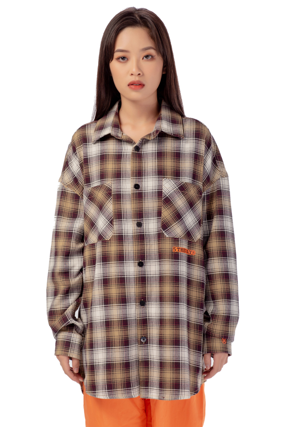 5THEWAY® Áo Sơ Mi Sọc Caro Tím Cam Tay Dài aka /stroke/ BIG LOGO FLANNEL SHIRT™ PU/OR™