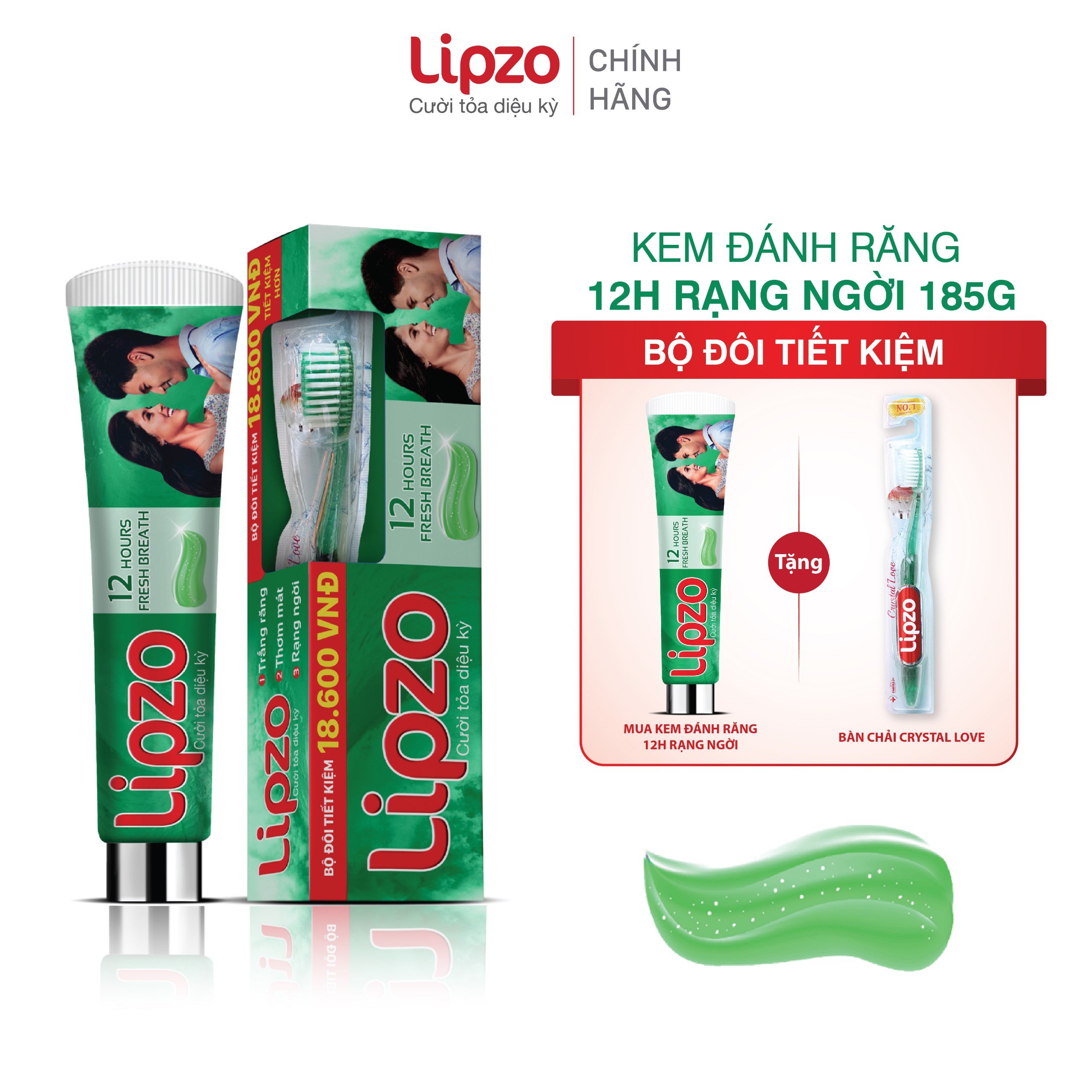 Bộ đôi tiết kiệm kem đánh răng lipzo 12 giờ rạng ngời 185g và bàn chải crystal love for girl trắng răng thơm miệng