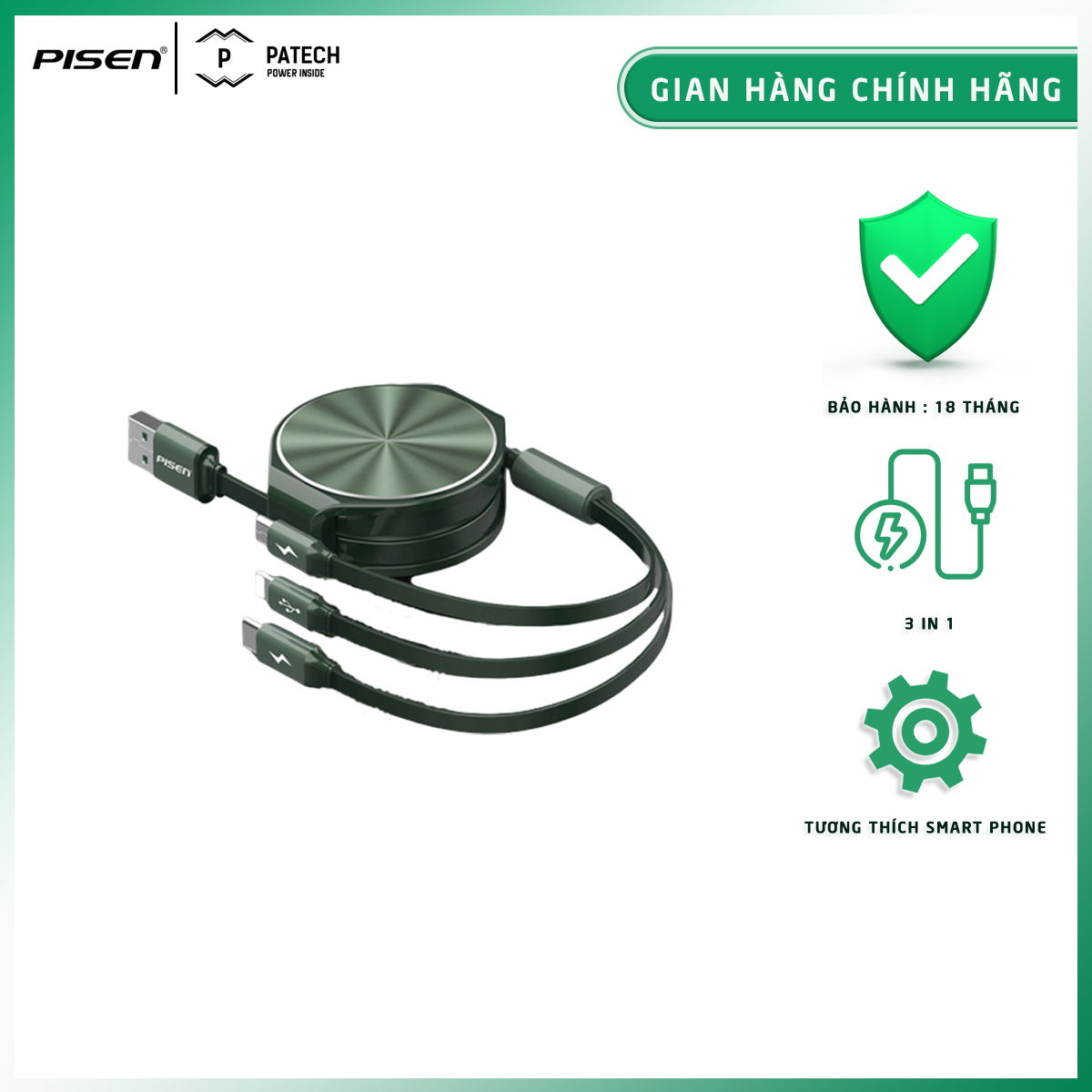 [20H 6/7 - 9.7 Nhập 77LAZSOCIAL80K Voucher giảm 12% đơn từ 250K tối đa 80K]Cáp rút gọn Pisen 3 trong 1 CD III (Lightning/Type-C/Micro) cáp dài 1.2m, vật liệu nhựa mềm cao cấp, chống rối, phù hợp mang theo di động và trên ô tô - Hàng chính hãng,bảo hành 18
