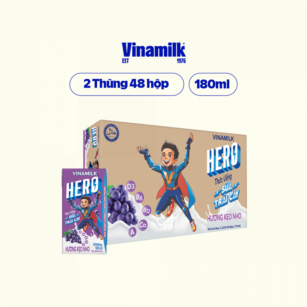 2 Thùng Thức uống Sữa trái cây hương kẹo nho Vinamilk Hero 180ml - 48 hộp/Thùng