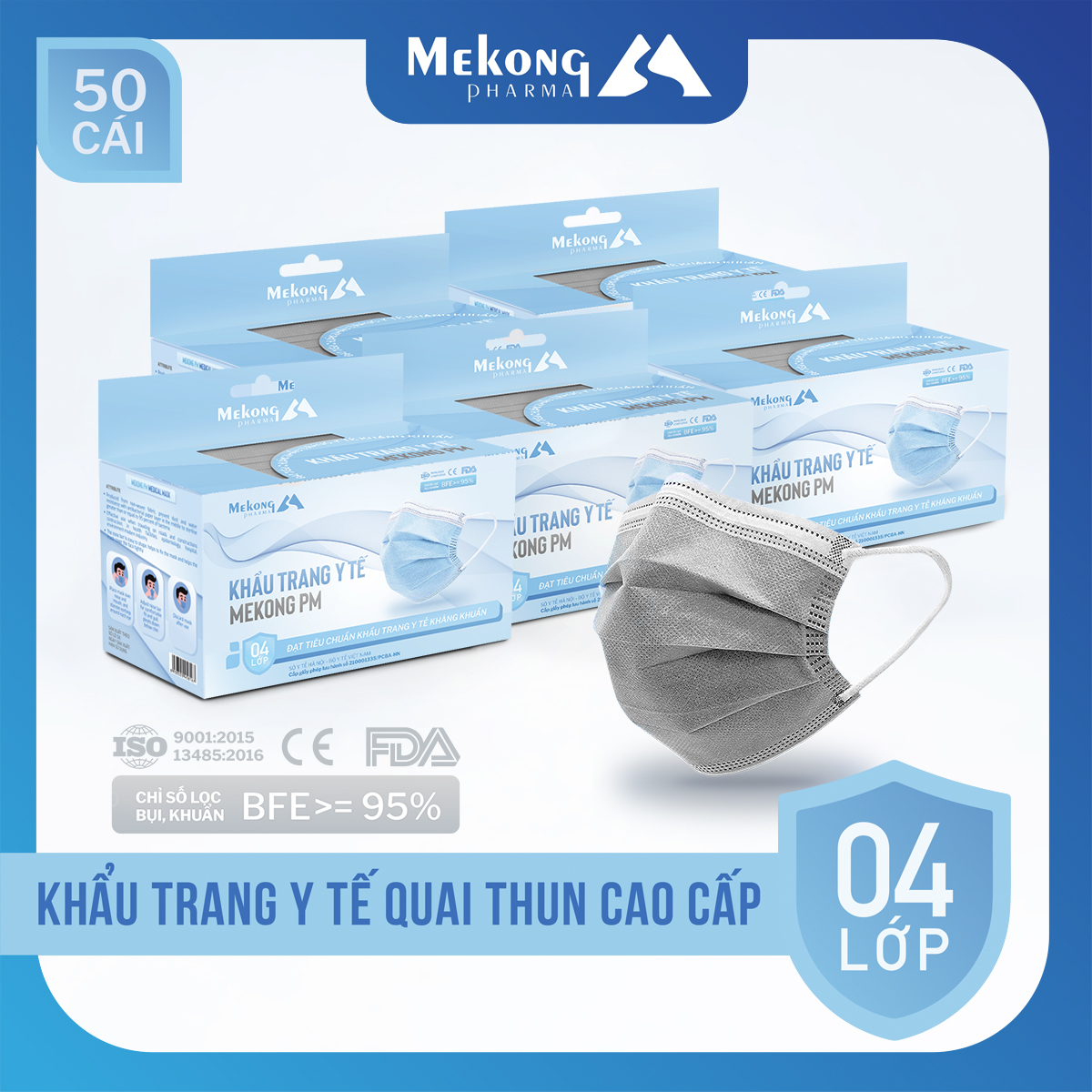 Combo 5 hộp khẩu trang y tế mekong cao cấp 4 lớp kháng khuẩn