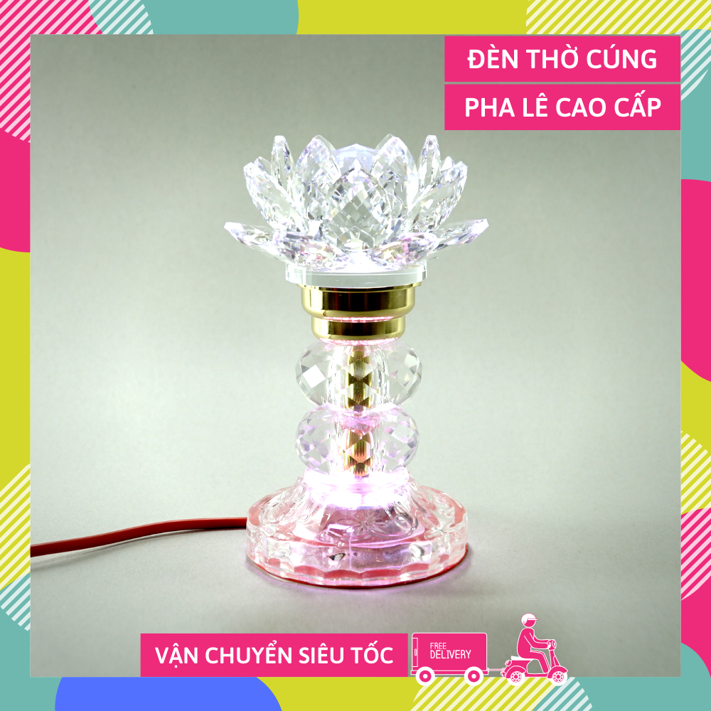 [HCM]Đèn thờ điện pha lê nguyên khối hoa sen đèn thờ Phật led đổi màu trụ tròn tầng cao cấp - Cao 17cm