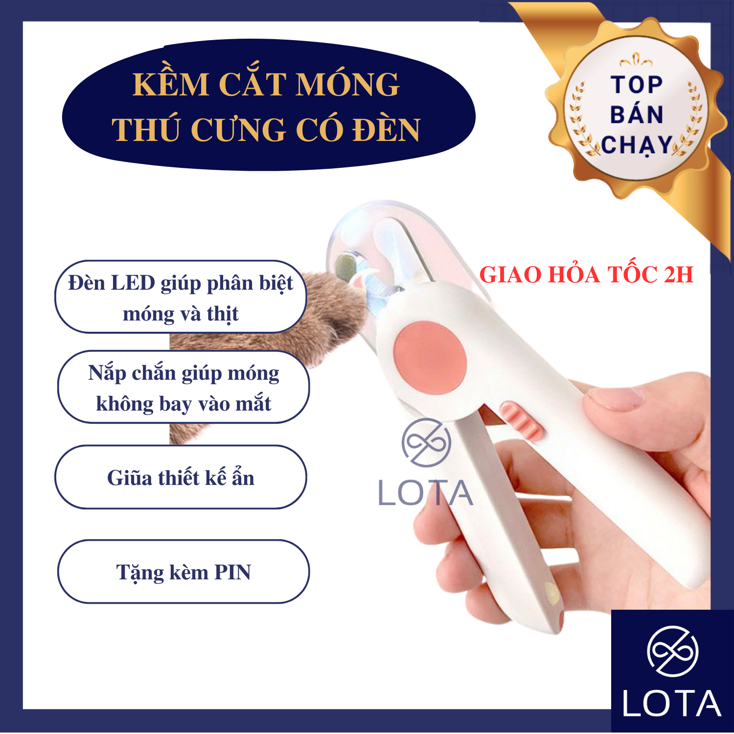 Kềm cắt móng chó mèo có đèn chống cắt phạm vào thịt kìm bấm móng chăm sóc thú cưng kèm giũa lota shop