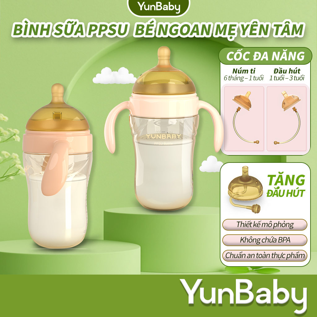  【GIẢM GIÁ SỐC Bình sữa YunBaby PPSU 300ml an toàn Van chống đầy hơi Ngăn ngừa sặc sữa Núm ti mềm mại 