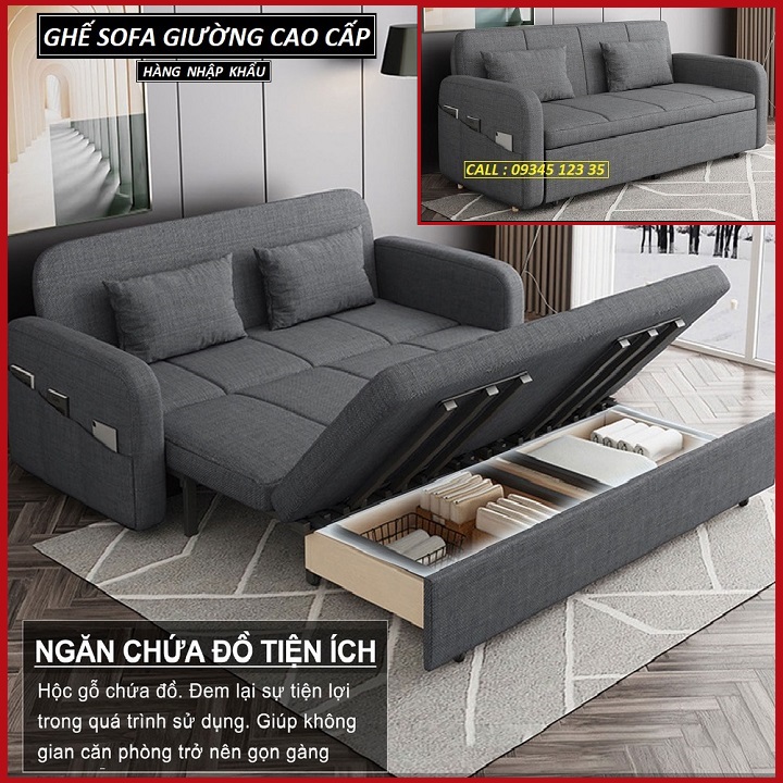 Giường Sofa Gấp Gọn Thành Ghế Sofa. Giường Sofa Đa Năng Có Ngăn Chứa Đồ. Sofa Giường Gấp Gọn Toàn Bộ Khung Thép Chịu Lực Sơn Tĩnh Điện Với 8 Điểm Chịu Lực. Tặng Kèm 2 Gối Cùng Tone