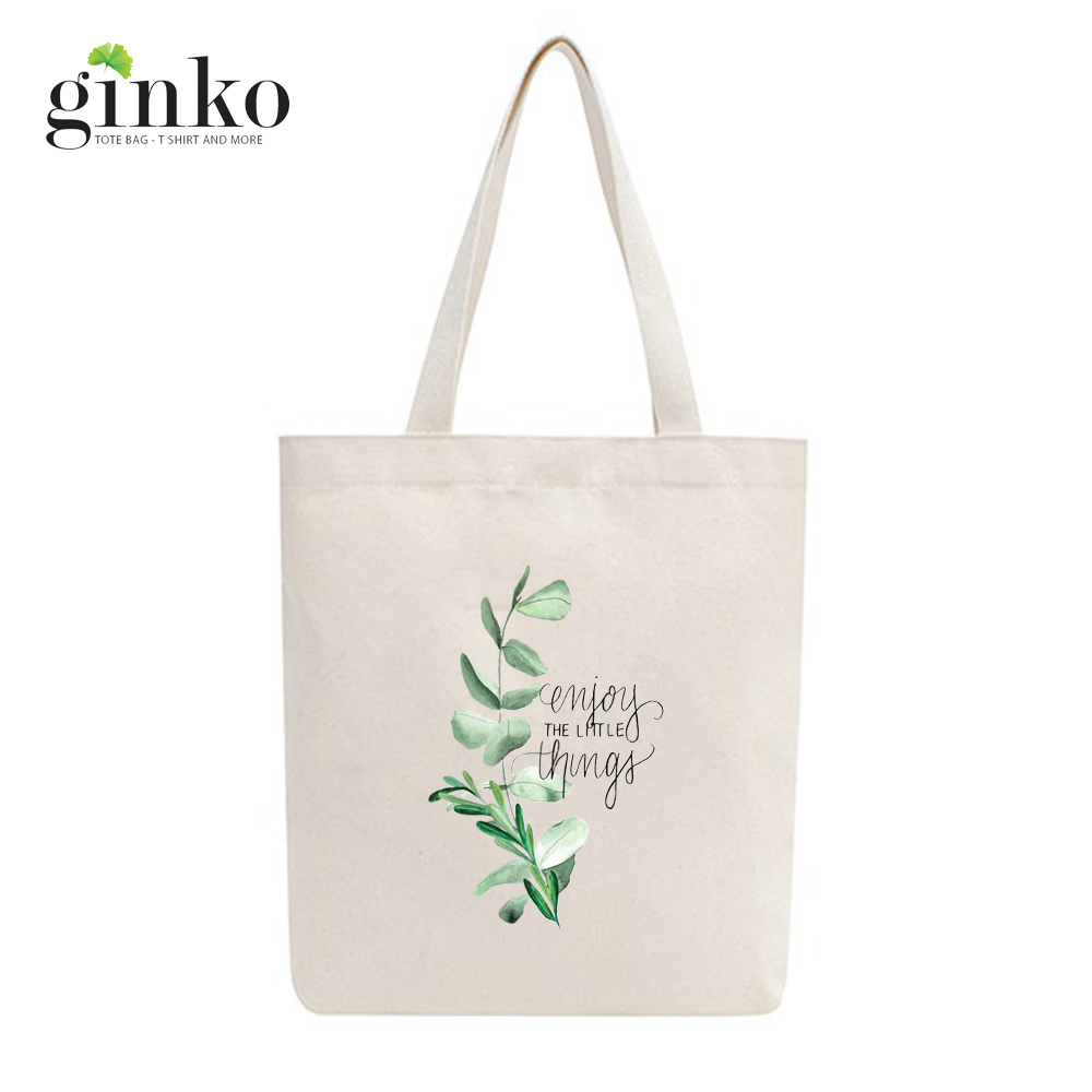 Túi Vải Tote GINKO Kiểu Basic Dây Kéo In Hình Enjoy The Little Things