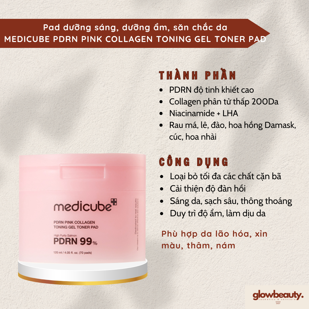 Pad dưỡng sáng dưỡng ẩm săn chắc da MEDICUBE PDRN PINK COLLAGEN TONING GEL TONER PAD