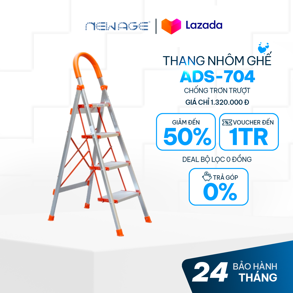 Thang nhôm ghế 4 bậc ADVINDEQ ADS-704, thang ghế chữ A gấp gọn chống trơn trượt rung lắc, tải trọng lớn - Hàng chính hãng bảo hành 2 năm
