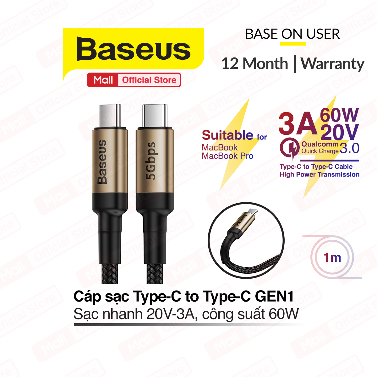 Cáp sạc nhanh C to C Baseus Cafule KLF Series PD3.1 Gen2 (Hỗ trợ sạc nhanh PD và QC 3.0 e-Marker Chip 4K/60Hz)