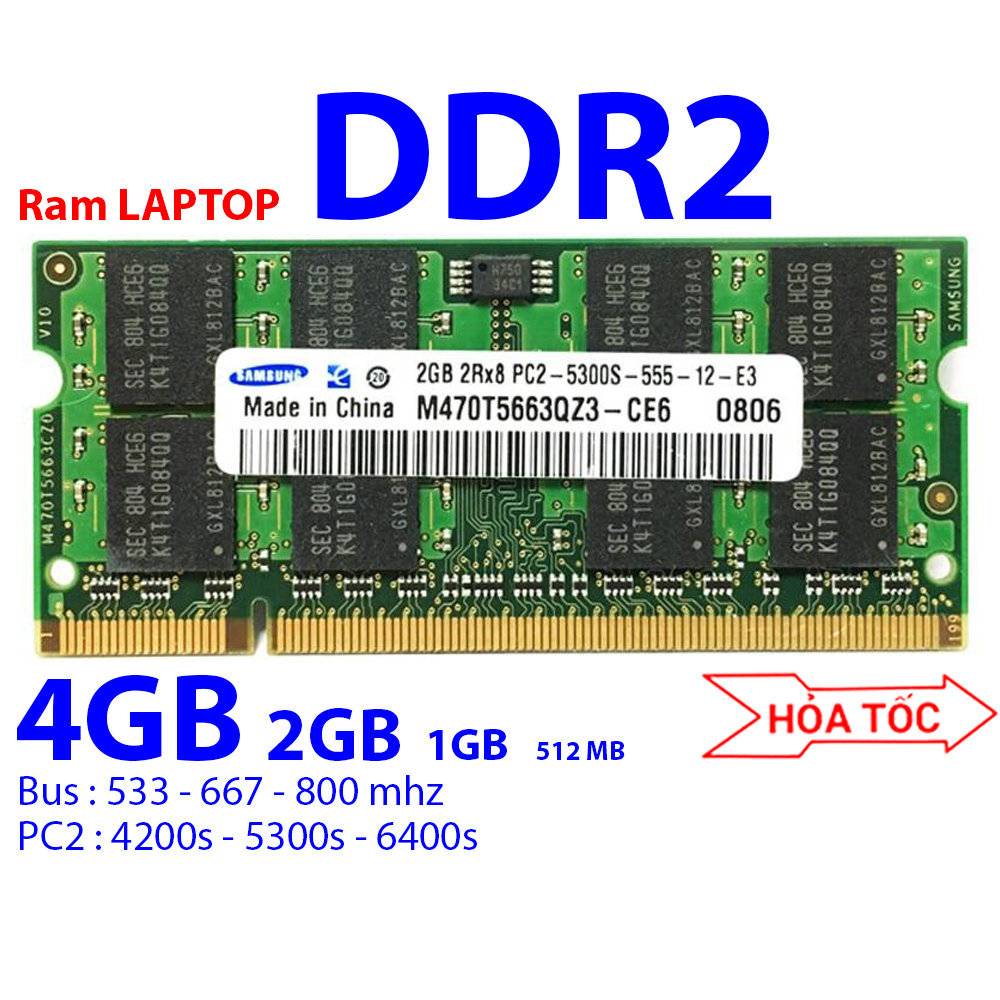 Ram laptop ddr2 4gb 2gb 1gb 512mb bus 533 667 800mhz chuẩn ddram pc2 5300s 6400s loại 2rx8 16 chip hàng bóc máy