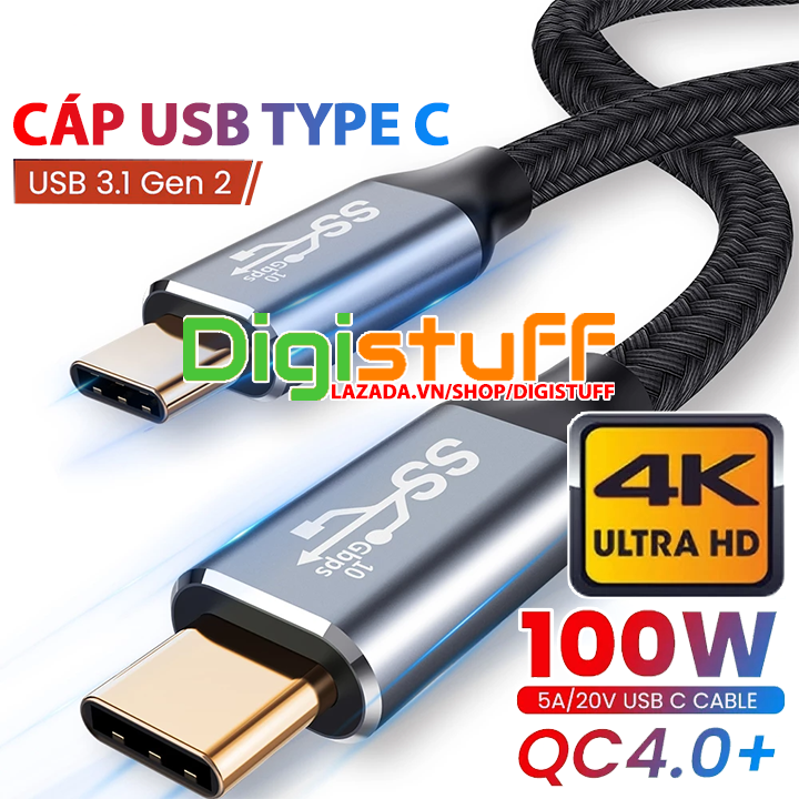 Cáp sạc nhanh 100W 5A 2 đầu Type C USB 3.1 - cáp thunderbolt truyền video 4K cho Macbook, màn hình rời di động