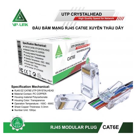 Đầu mạng xuyên thấu rj45 vsp cat6/cat5 hộp 100 con