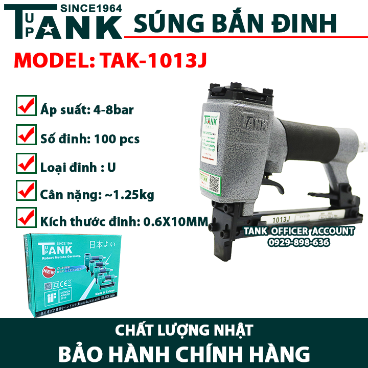 Súng bắn đinh u dùng hơi tank tak-1013j dụng cụ bắn đinh 100 pcs, kích thước ghim 6-13mm, ga 20,12x0,6mm, 11,2mm, 0,4-0,7mpa gắn đinh vào các vật liệu như tường, bê tông, gỗ, bề mặt vật liệu thi công