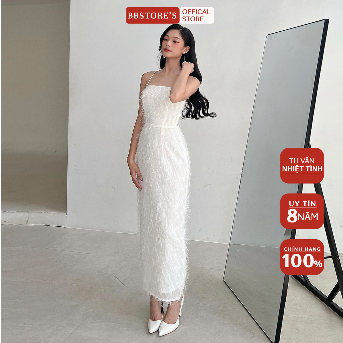 BBSTORE S Đầm Body Dự Tiệc Hở Lưng Kết Lông Vũ Tôn Dáng -D1751