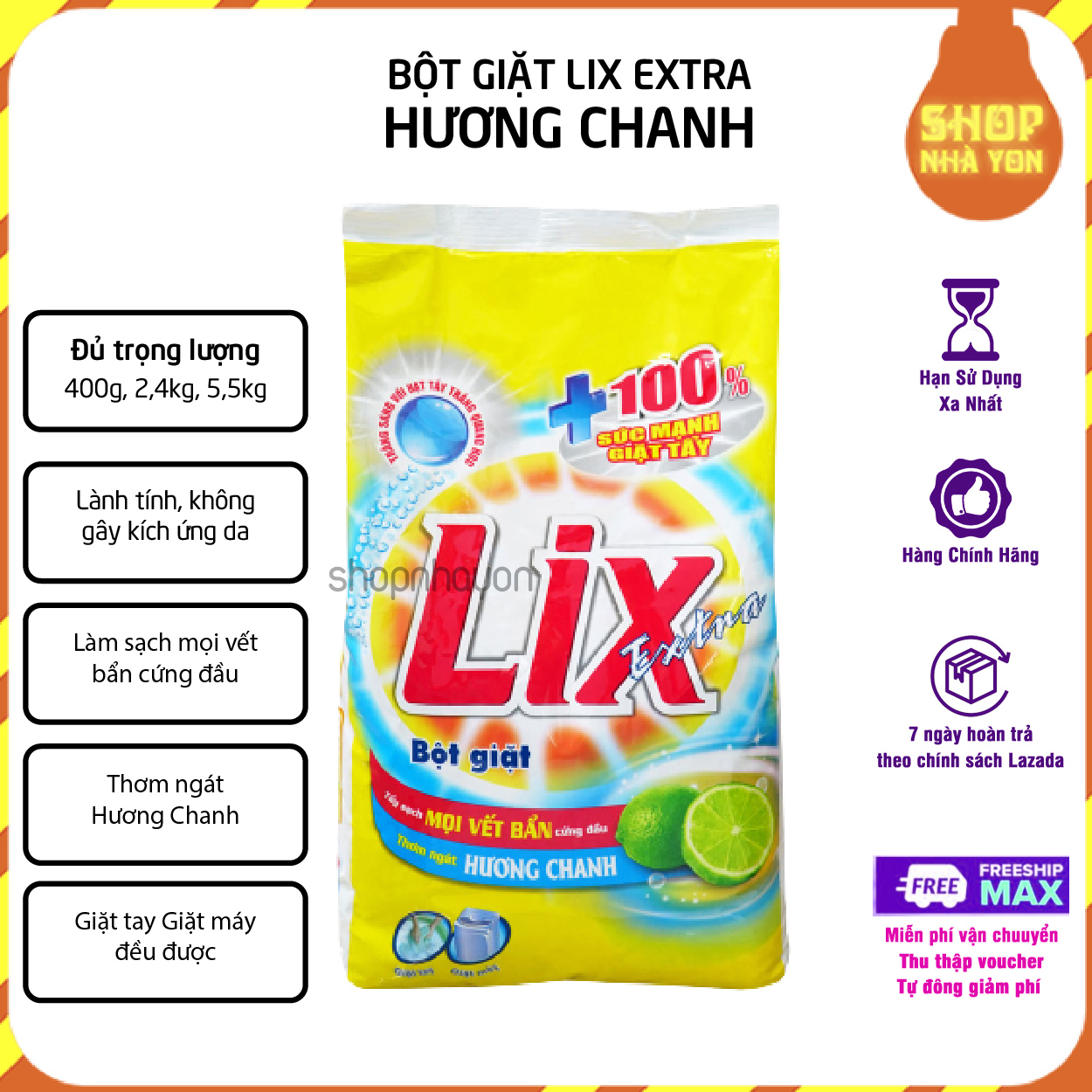 Bột giặt Lix Extra hương chanh 5,5 kg, 2,4 kg, 250g hương dễ chịu không phai màu quần áo tẩy sạch mọi vết bẩn cứng đầu cho quần áo luôn trắng sáng