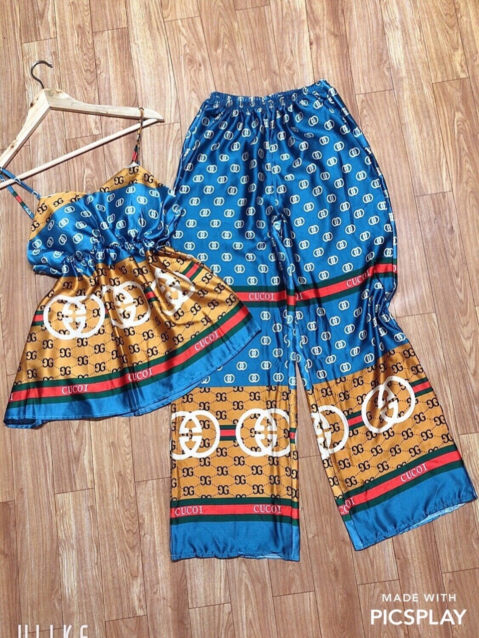Sét bộ phi lụa satin hoa văn dài hai dây