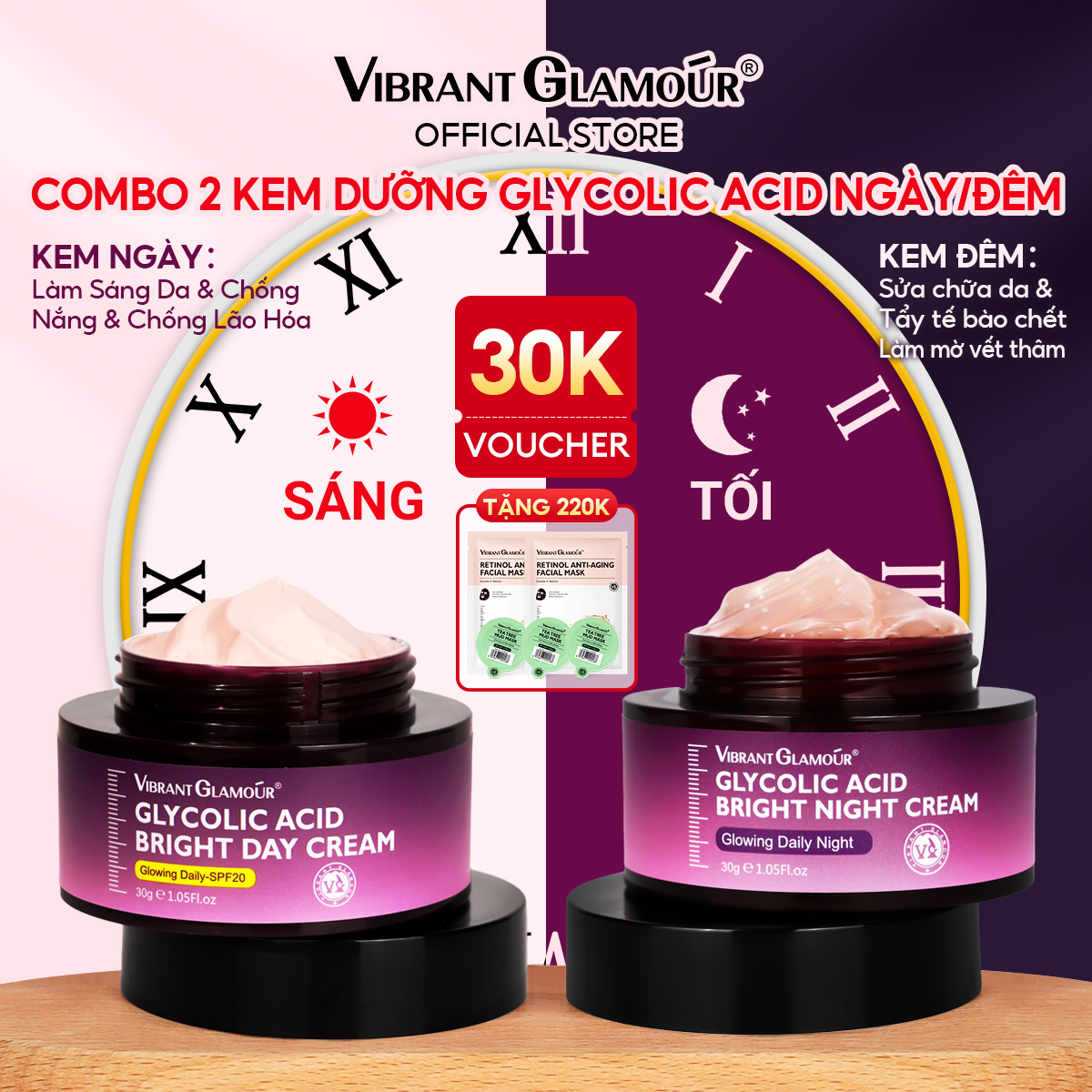 VIBRANT GLAMOUR Axit Glycolic Ngày + Kem Đêm SPF20 + Kem chống nắng tẩy tế bào chết vết thâm UV làm sáng tông màu Chống lão hóa Sửa chữa nếp nhăn Chăm sóc da