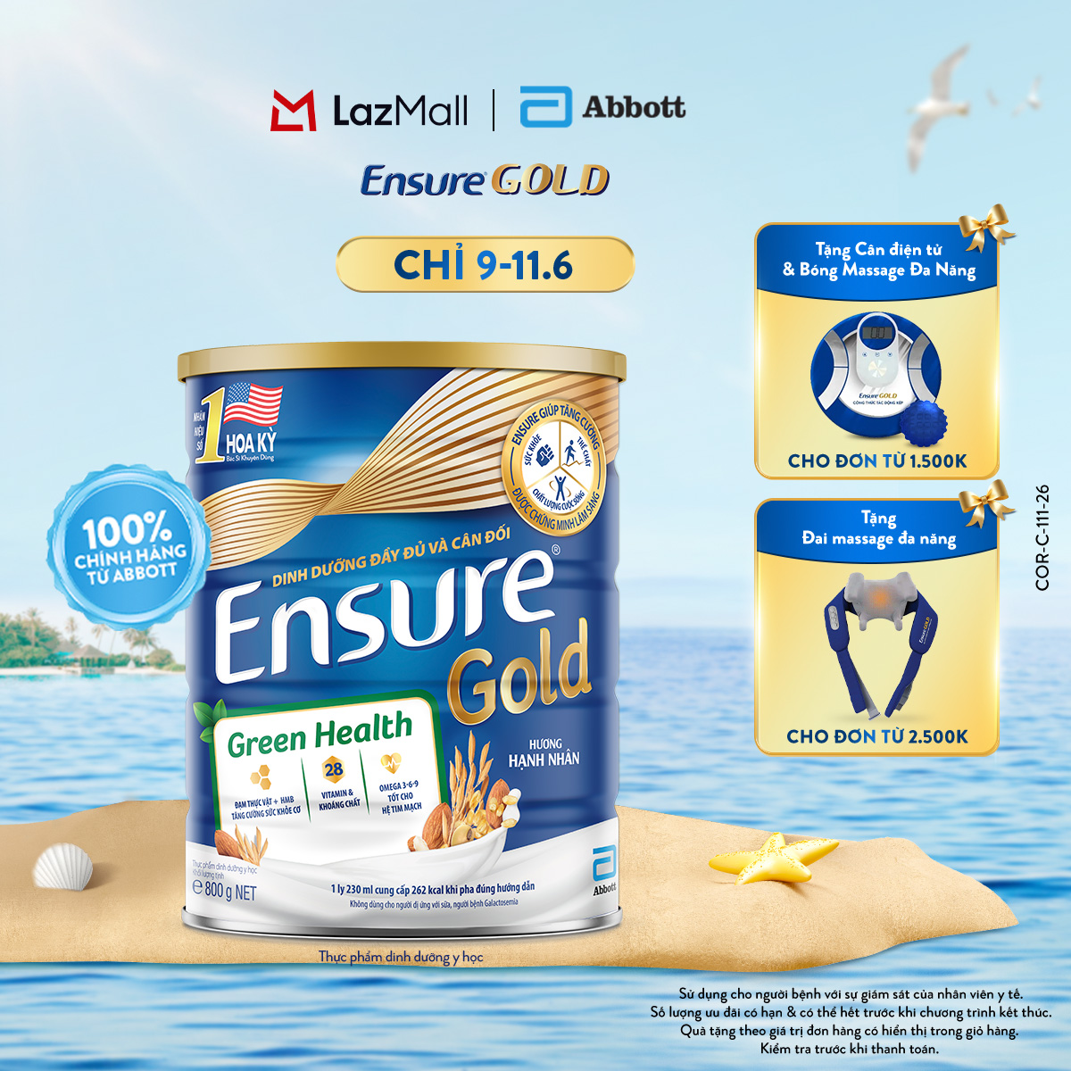 [CHỈ 11.06 QUÀ TẶNG CHO ĐH 1500K/2500K-SLCH] Lon sữa bột Ensure Gold Green Health 800g