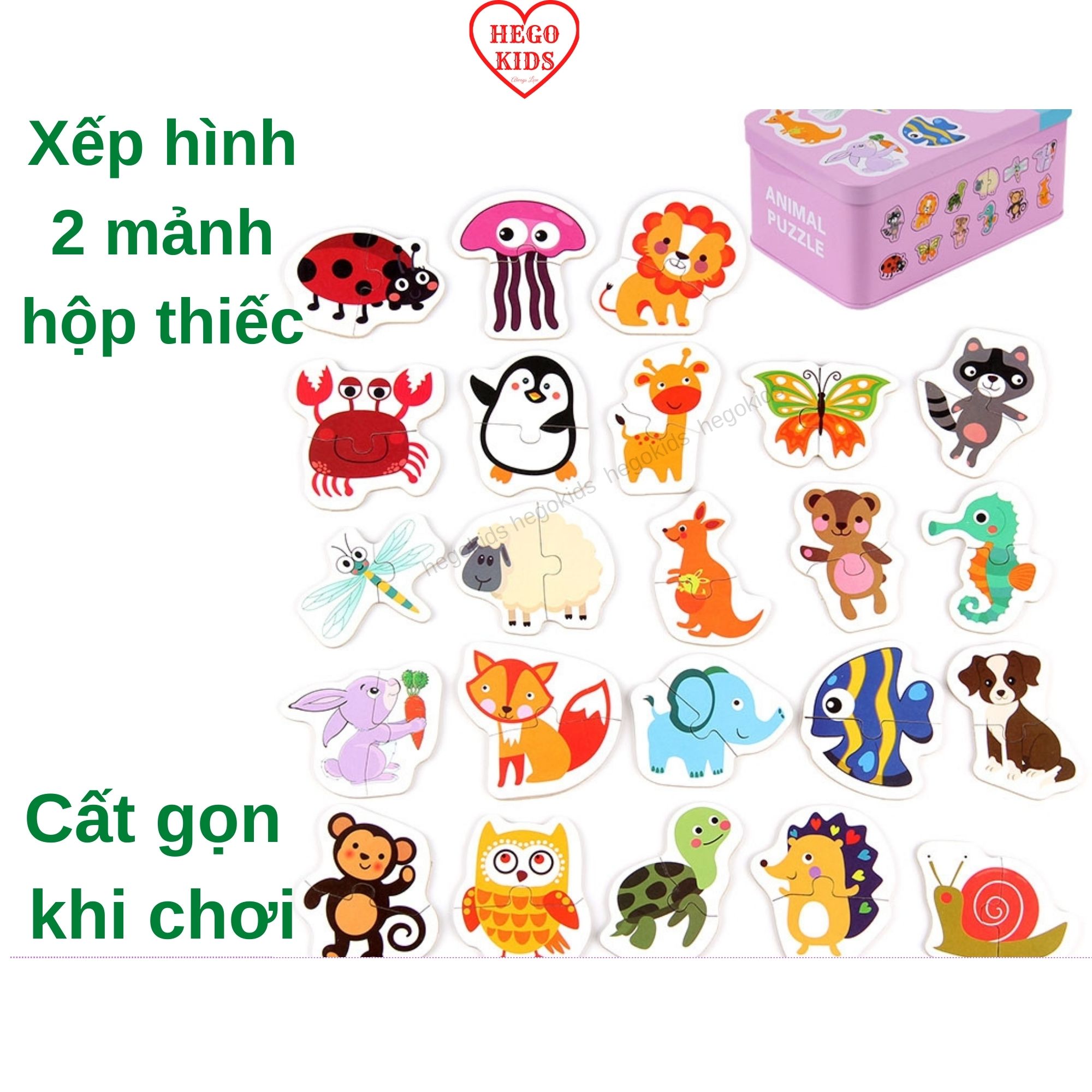 Xếp hình cho bé từ 2 tuổi bộ ghép hình Puzzle hộp thiếc 2 mảnh ghép 3 chủ đề con vật ô tô hoa quả