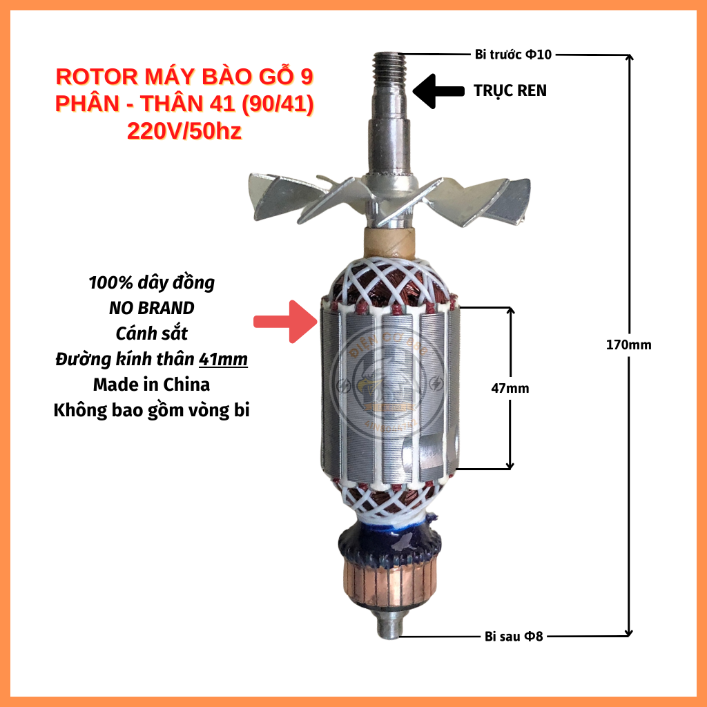 Rotor bào 90 thân 41mm Dài 170mm (90-41) 220V - Tặng chổi than