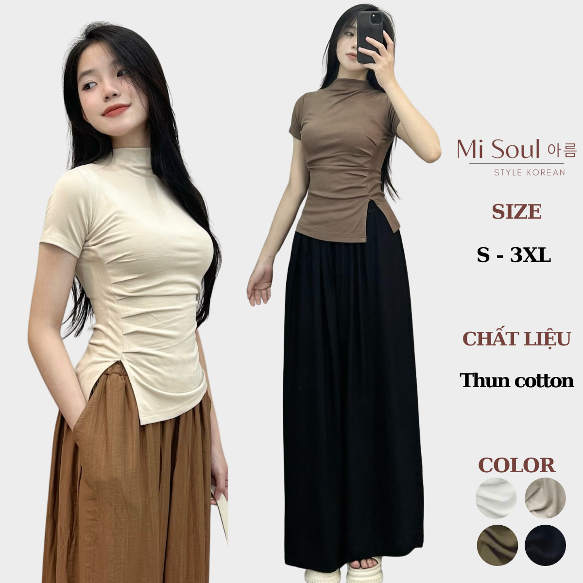 Áo Thun Cổ 3 Phân Cộc Tay Nữ Nhúm Sườn Xẻ Tà BigSize MiSoul, Áo Thun Nữ Cộc Tay Xẻ Tà BigSize MiSoul 218