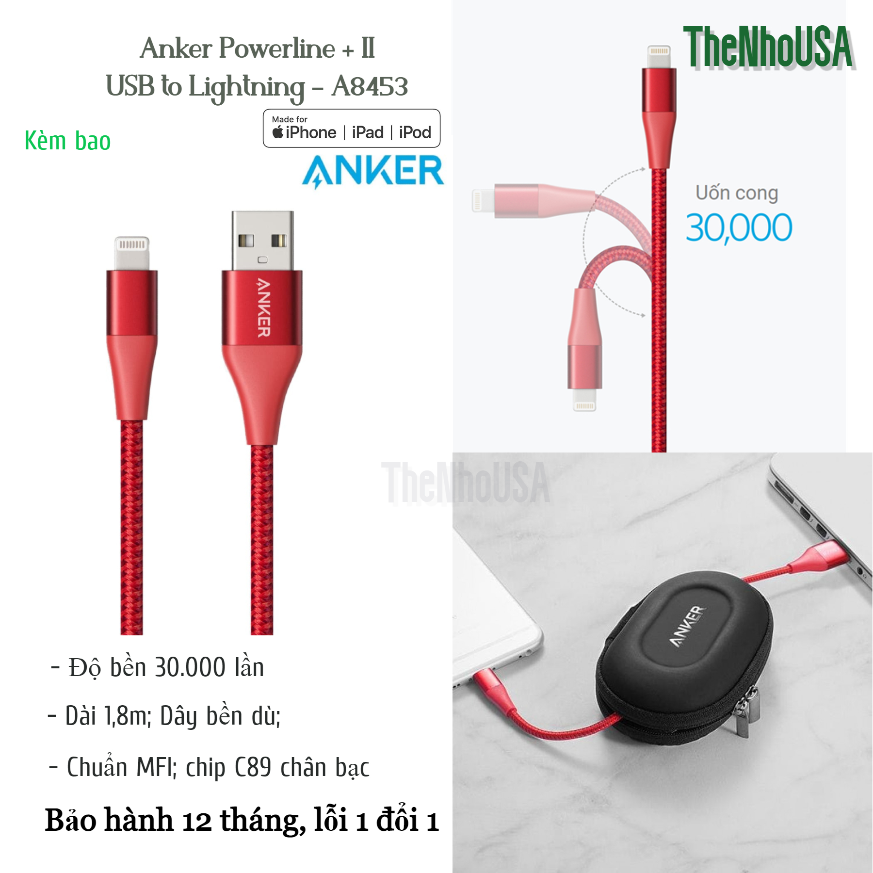Cáp sạc nhanh anker powerline + ii usb to lightning – a8453