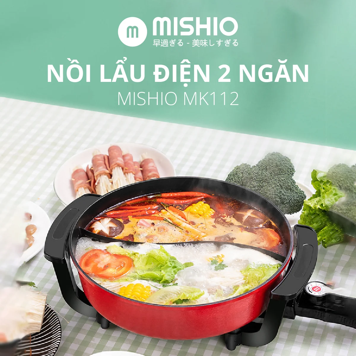 Nồi lẩu điện 2 ngăn Mishio MK112 5L - màu đỏ tùy chỉnh 5 mức nhiệt, chất liệu thép phủ chống dính, quai cầm chống nóng