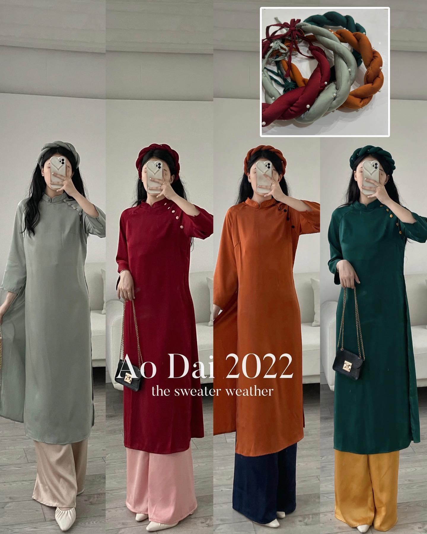 Set áo dài lụa trơn kèm mấn ngọc mã Aodaicahtantron302