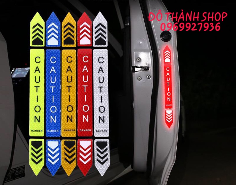 combo 4 miếng dán decal phản quang dán cánh cửa oto cảnh báo an toàn cho người đi sau xe   CAUTION ( nhiều màu lựa chọn)