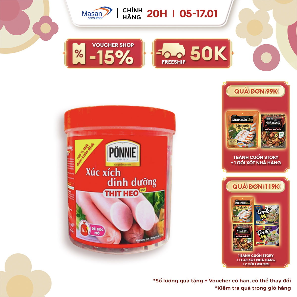 [VOUCHER 18% ĐƠN 199K]  Xúc Xích Tiệt Trùng Ponnie Vị Heo - Hộp 50 Cây x 19g