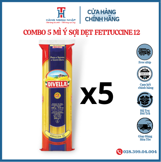 Combo 5 mì ý sợi dẹt fettuccine số 12 500gr divella