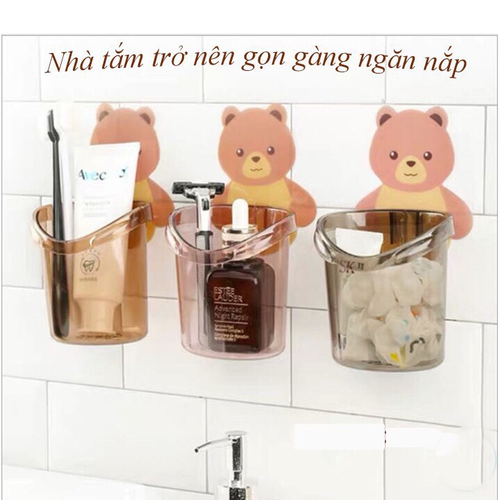 Cốc gấu dán tường cốc đựng bàn chải đánh răng, cốc gấu nâu đựng kem đánh răng