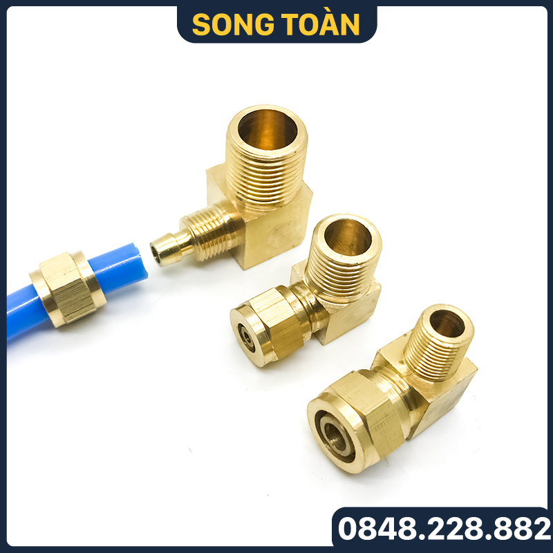 Đầu nối co ren ngoài ống mềm, nối co ren ngoài siết ống mềm phi 6 8 10 12mm- đồng thau