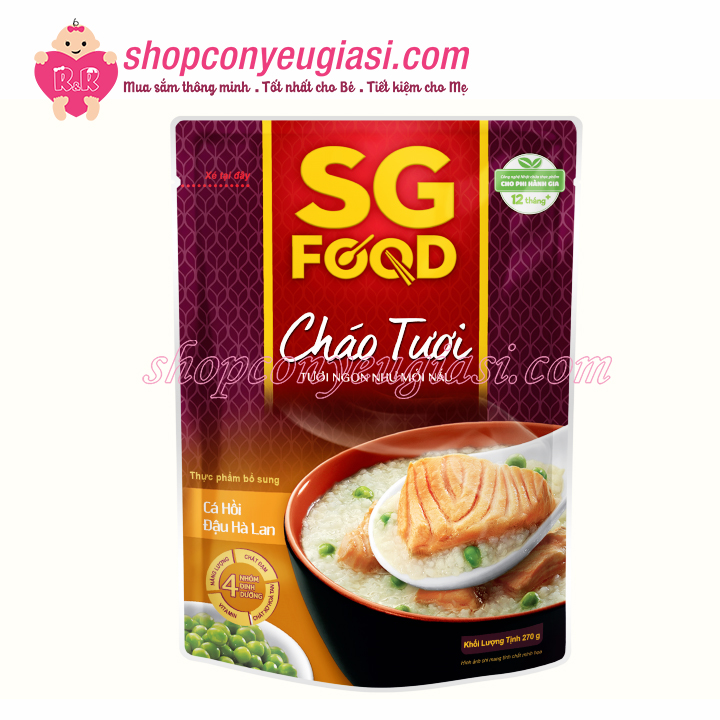 Cháo tươi sg food 240gr nhiều vị cho bé từ 12m+ - cá hồi đậu hà lan