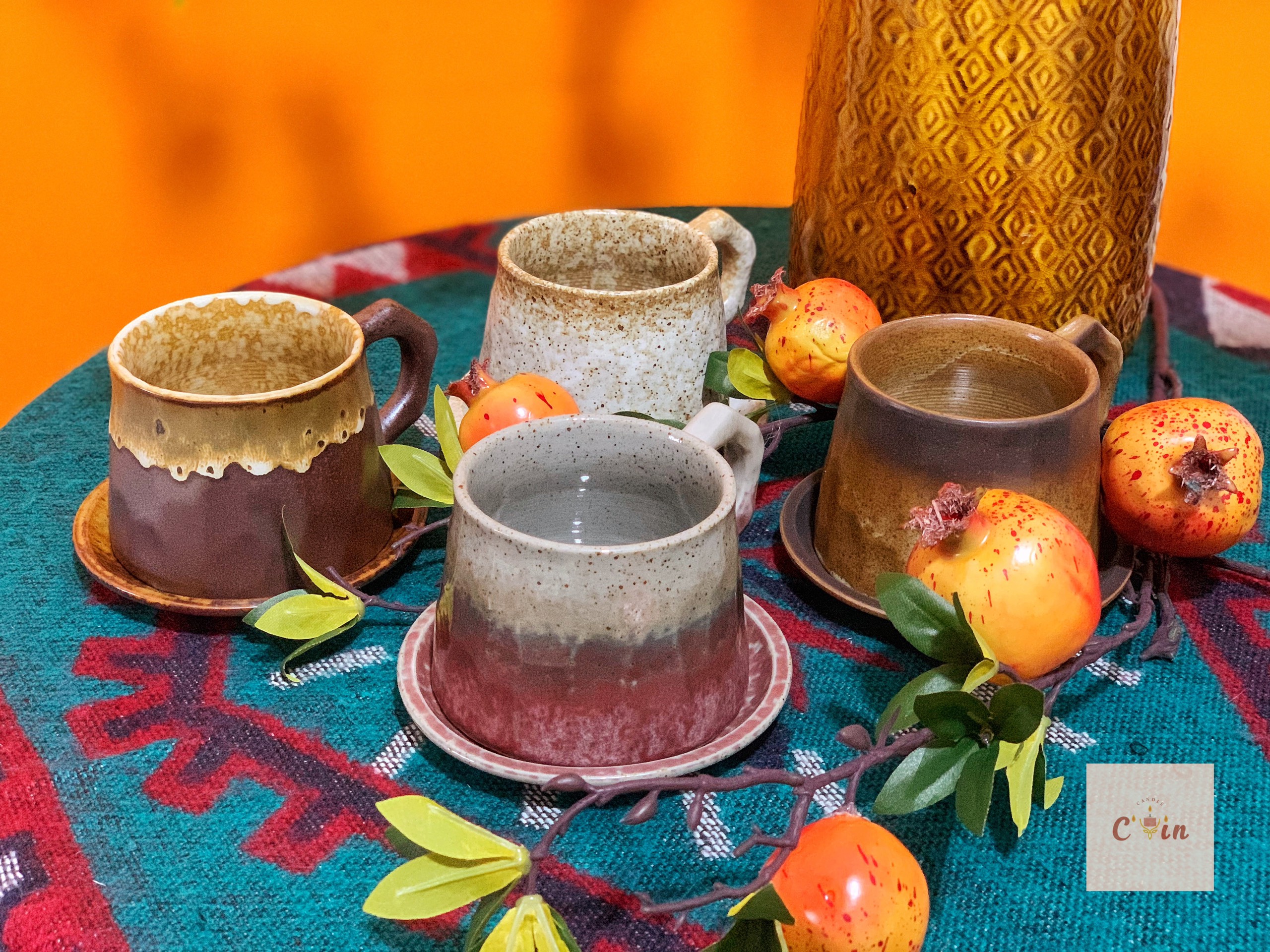 Set Cốc gốm sứ kèm khay phong cách Nhật Bản - Cốc uống nước họa tiết men nhám loang màu, cafe văn phòng