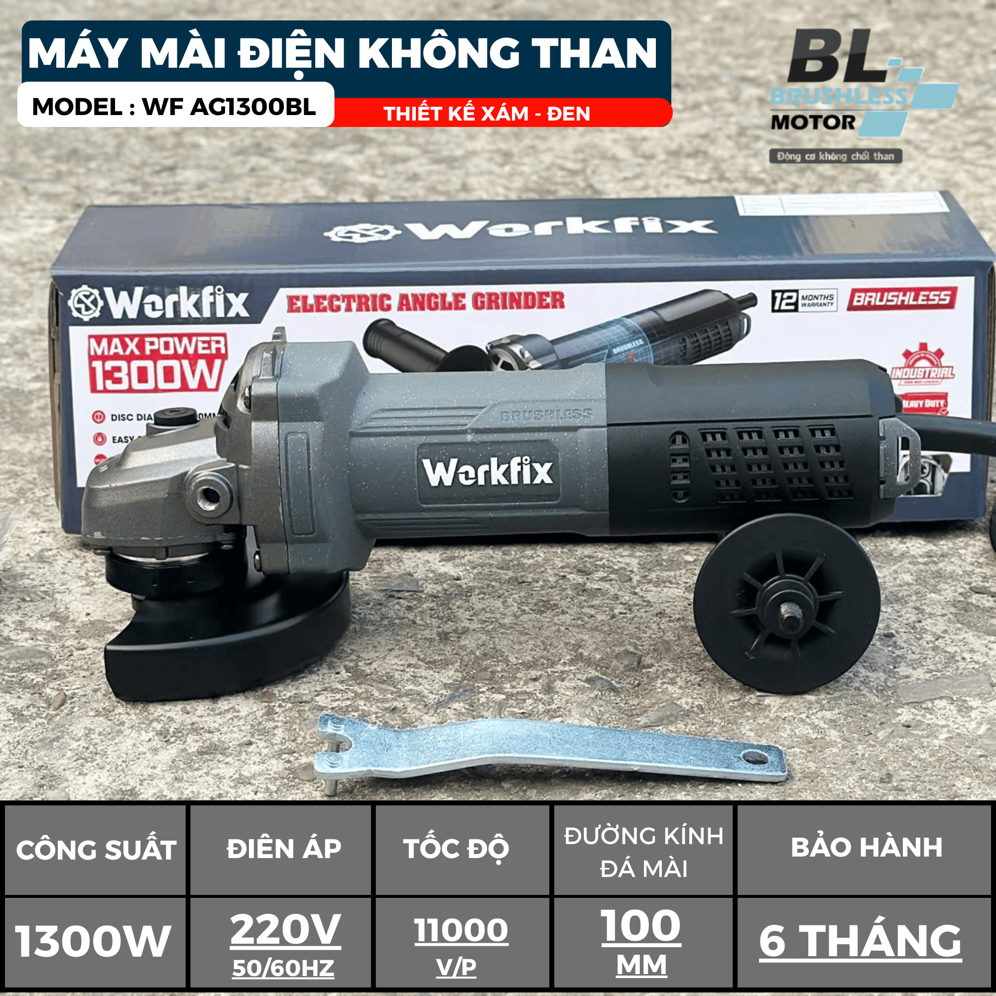Workfix Wf - Ag1300Bl Brushless Electric Grinder 1300W Capacity Stone 100 Standard Copper Wire 6 Month Warranty Giá  920,000 Đồng*Miễn phí vận chuyển