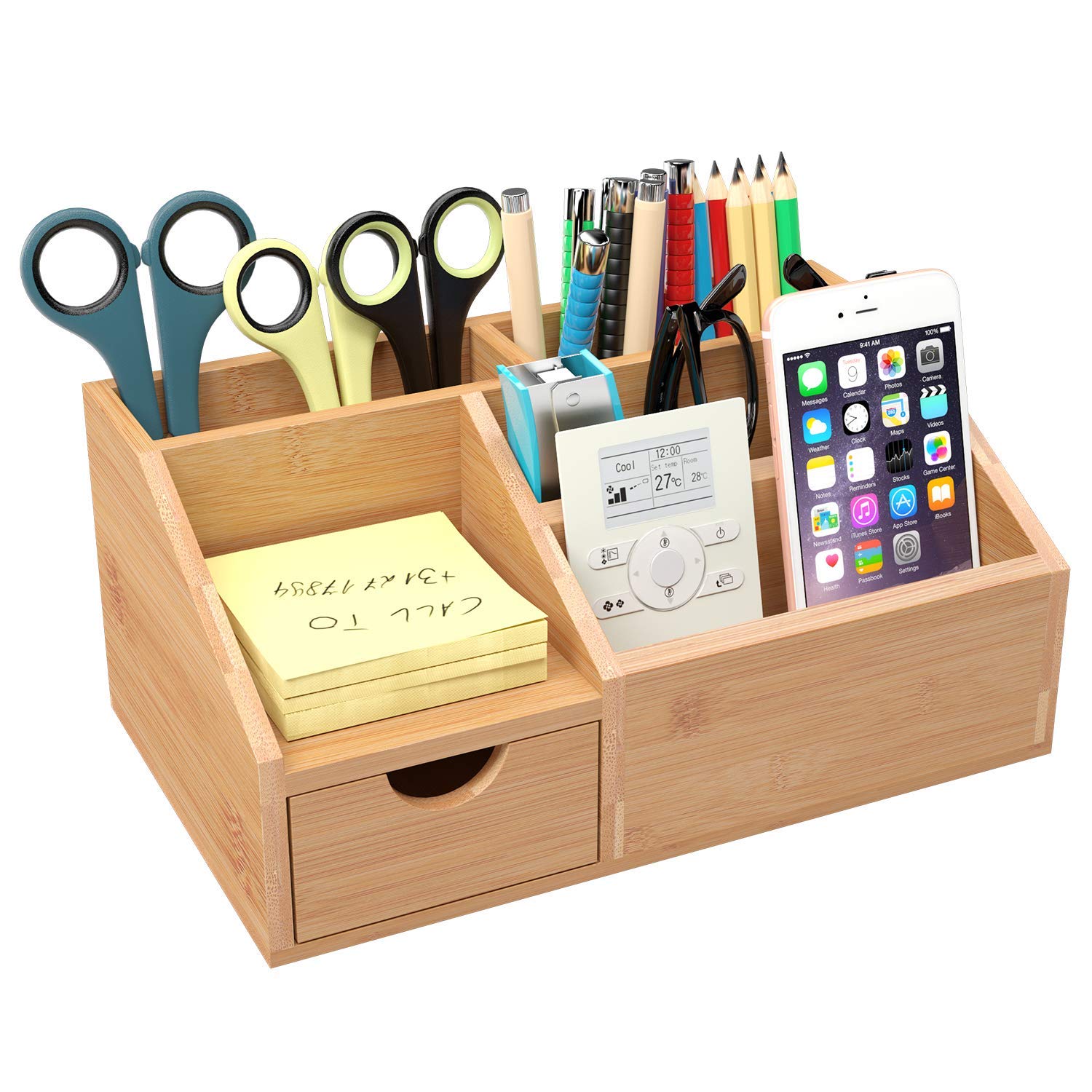 Khay hộp đựng bút để bàn nhiều ngăn có ngăn kéo nhỏ bằng gỗ tre cao cấp