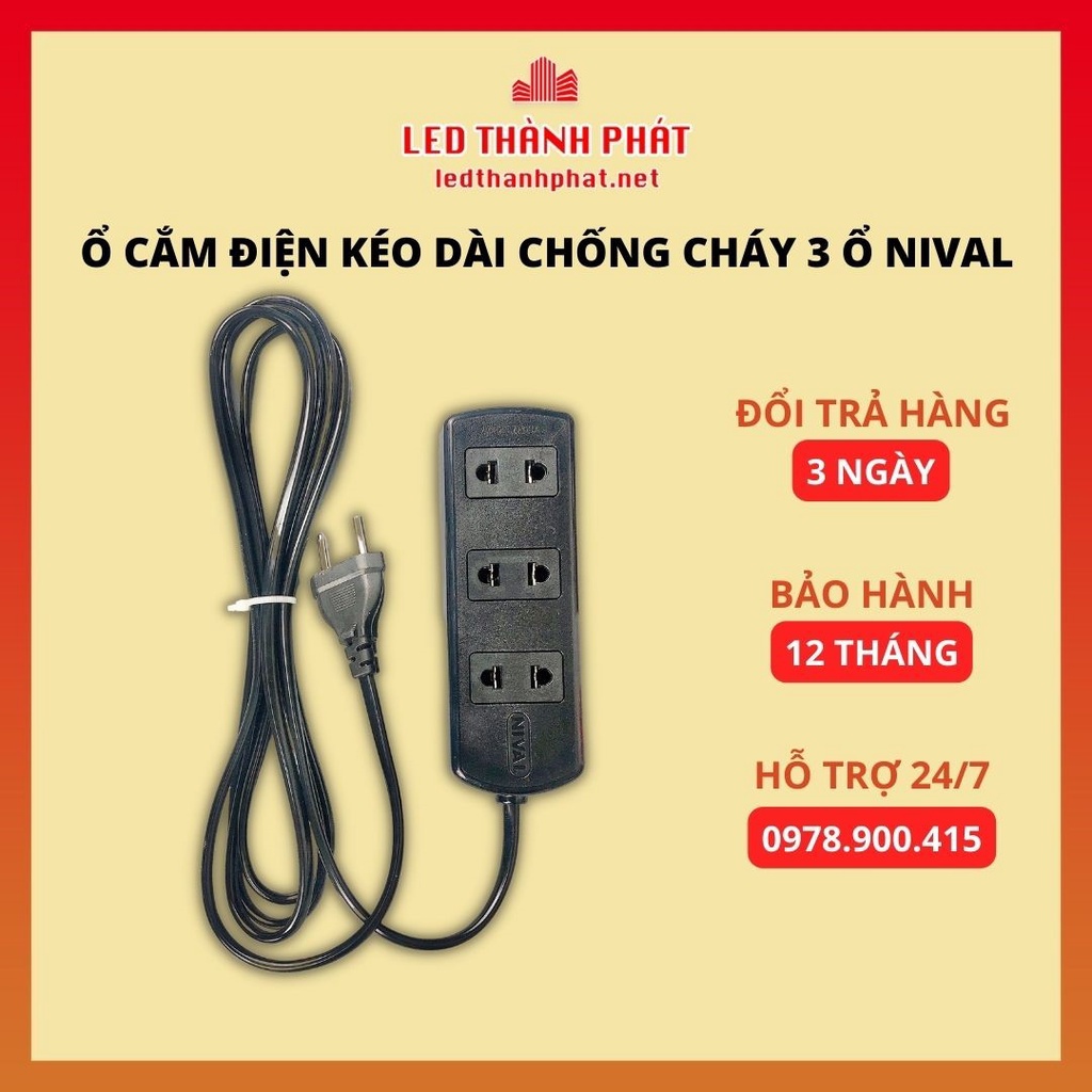 Ổ cắm điện kéo dài chống cháy 3 ổ nival 10a 2200w dây 2.5m