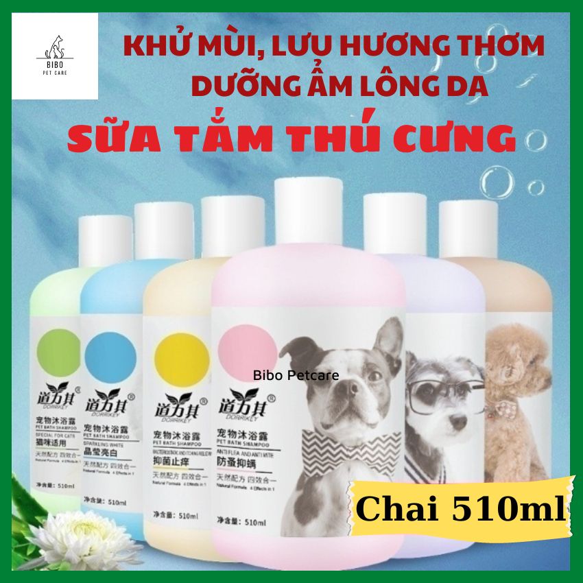 Sữa tắm Dorrikey cho chó mèo dầu tắm trị ve rận bọ chét khử mùi hôi dưỡng lông mượt tránh rụng lông trị viêm da 510ml