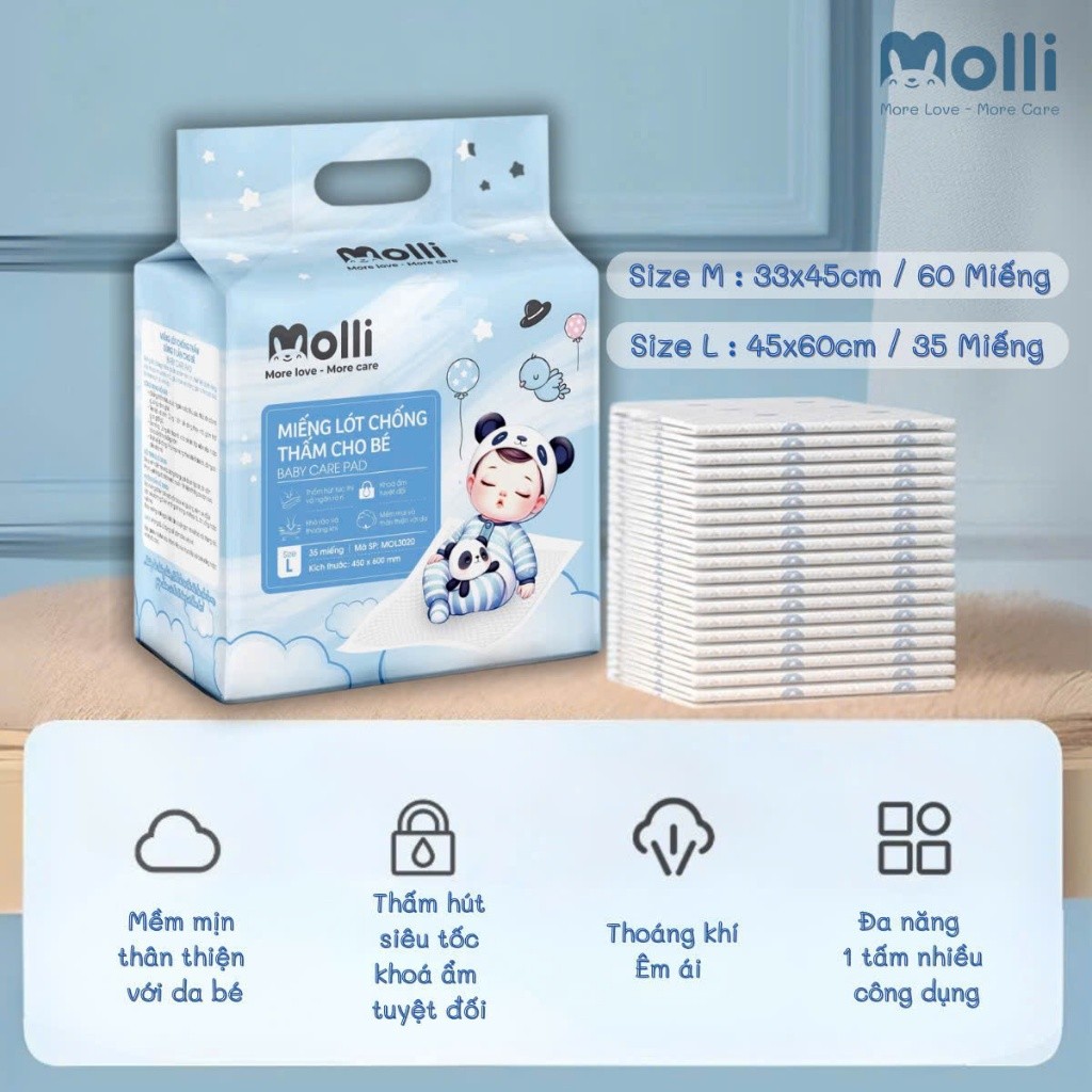 Tấm lót chống thấm thay tã Molli 5 lớp dùng 1 lần, Tấm Lót Phụ sản cho mẹ và bé chống tràn tuyệt đối