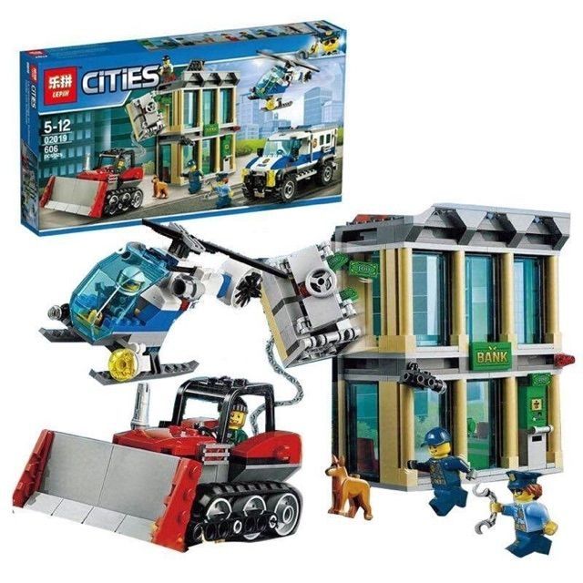 Lắp ráp xếp hình 02019 cities Xếp hình cươp tiên nhà băng bằng xe ủi máy bay 606 chi tiết