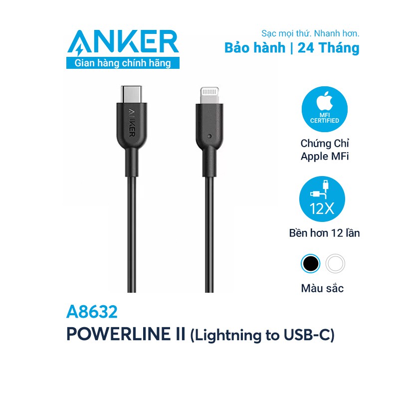 Cáp sạc ANKER PowerLine II Lightning to USB-C dài 0.9m - Dây sạc Anker A8632 - Bảo hành 24 tháng Hàng chính hãng