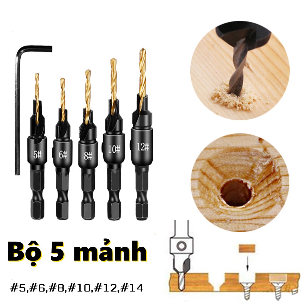 Bộ 5 mũi khoan âm vít gỗ chuôi lục giác - Mũi khoan 2 tầng - Mũi khoan doa lỗ