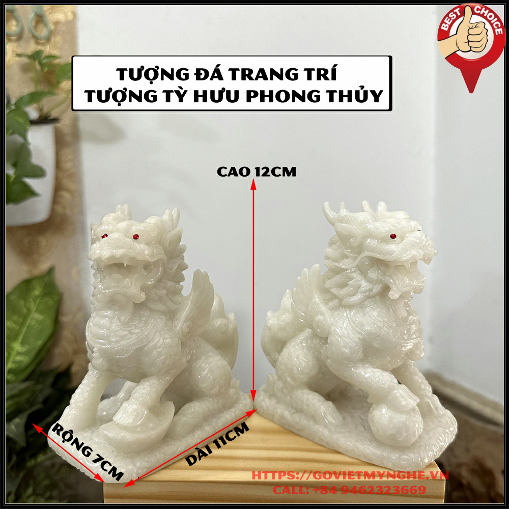 Cặp Tượng Đá Tỳ Hưu - Tượng Tỳ Hưu Phong Thủy 2 Sừng - Đá Non Nước - Cao 12cm