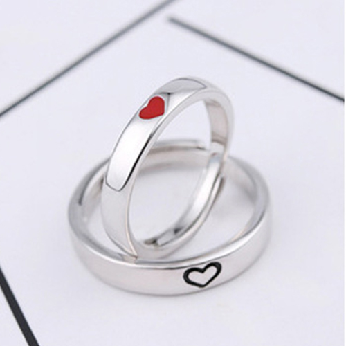 Nhẫn cặp đôi (nhẫn tình yêu) bạc 925 khắc trái tim màu đỏ và màu đen