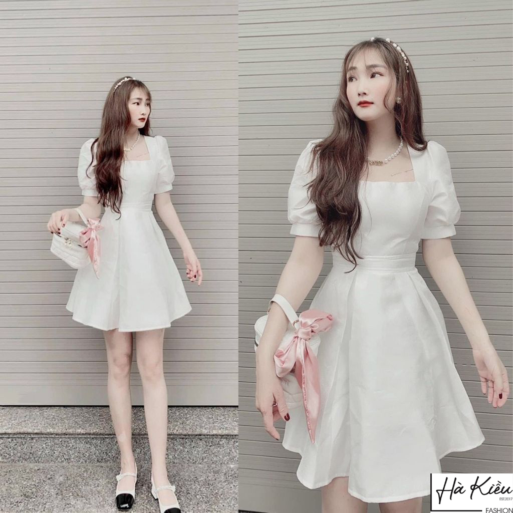 Đầm váy nữ dự tiệc trắng tiểu thư dáng xòe cổ vuông thắt nơ sau cá tính duyên dáng xinh đẹp Hà Kiều DT021