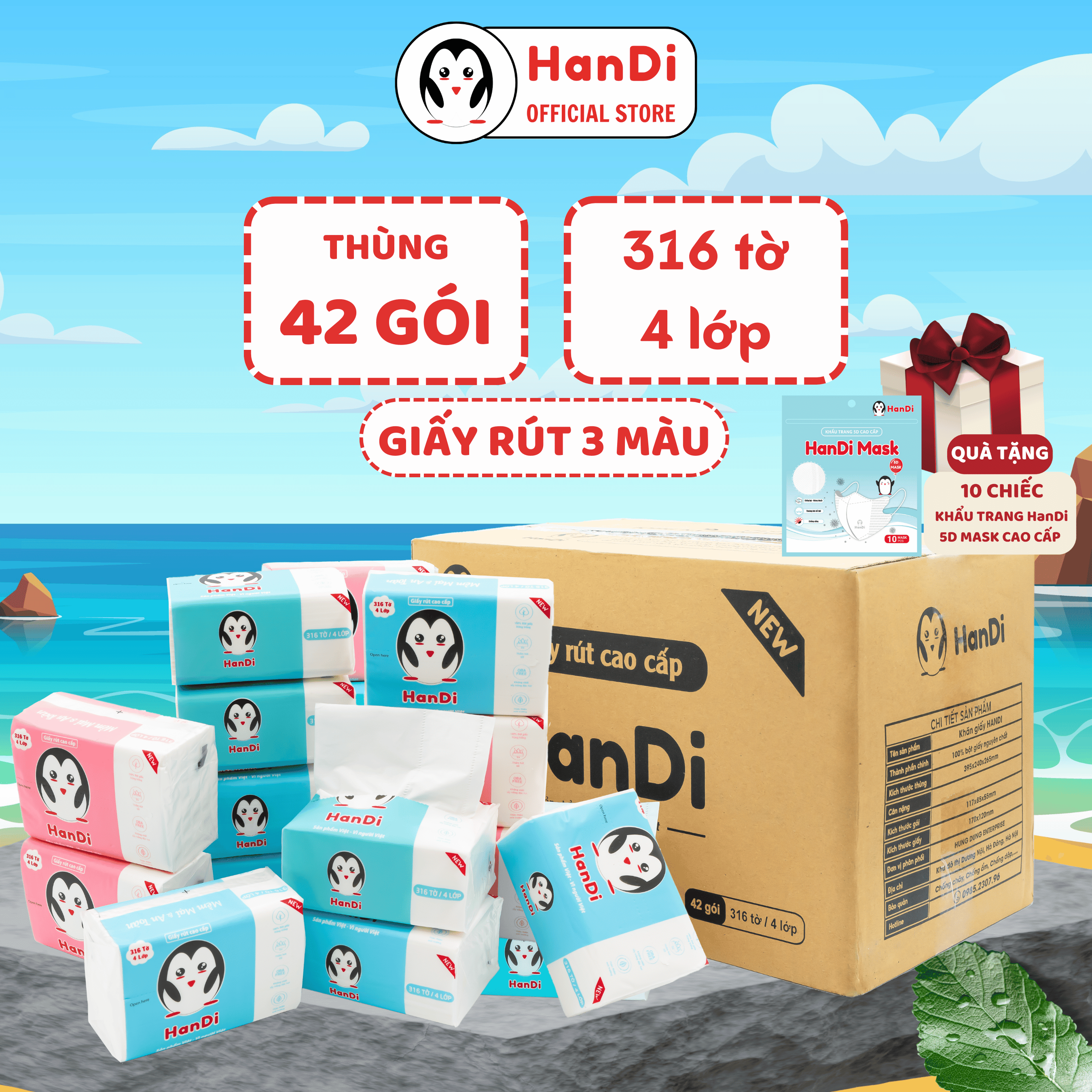 Thùng 42 gói giấy ăn handi, khăn giấy rút cao cấp