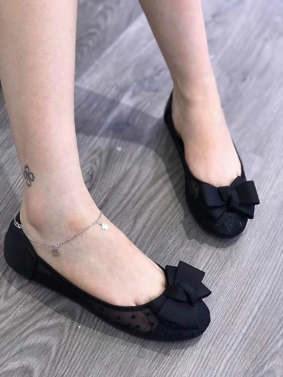 giày búp bê siêu dễ thương nơ lụa đen mũi nhọn